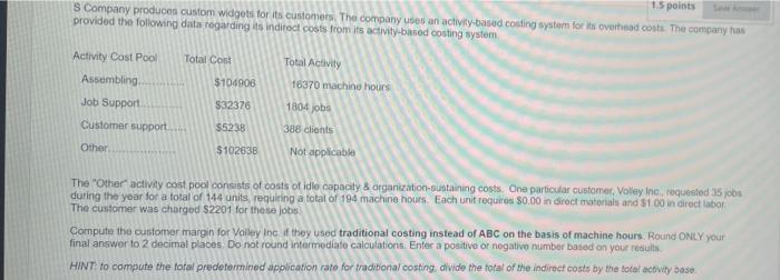 1 5 Points S Company Produces Custom Widgets For Its Customers The Company Uses An Activity Based Costing System For It 1