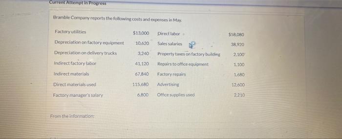 Current Attempt In Progress Bramble Company Reports The Following Costs And Expenses In May 13 000 Factory Utilities D 1