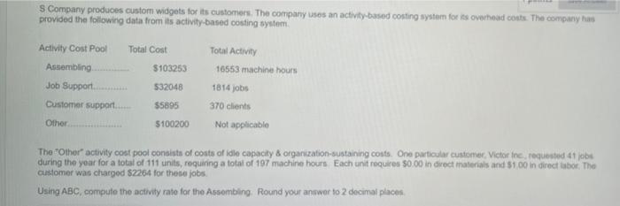 S Company Produces Custom Widgets For Its Customers The Company Uses An Activity Based Costing System For Its Overhead 1