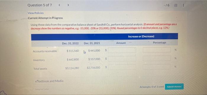 A Question 5 Of 7 View Policies Current Attempt In Progress Using These Data From The Comparative Balance Sheet Of Sandh 1