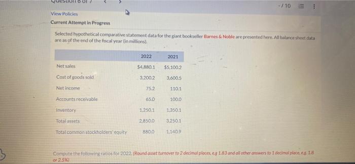 View Policies Current Attempt In Progress Selected Hypothetical Comparative Statement Data For The Giant Bookseller Barn 1