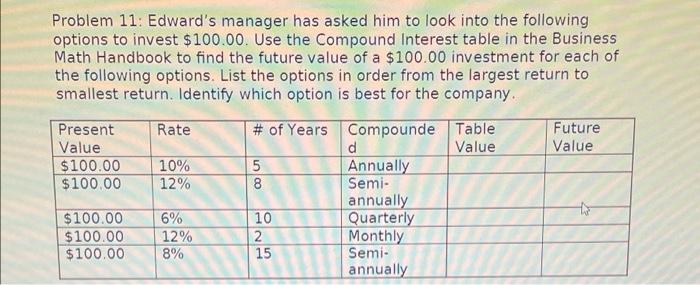 Problem 11 Edward S Manager Has Asked Him To Look Into The Following Options To Invest 100 00 Use The Compound Intere 1