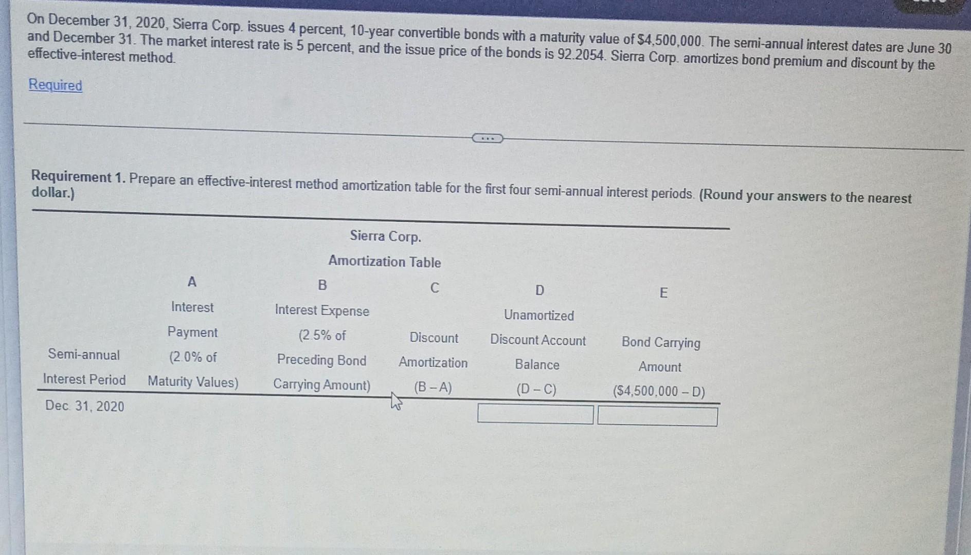 On December 31 2020 Sierra Corp Issues 4 Percent 10 Year Convertible Bonds With A Maturity Value Of 4 500 000 The 1