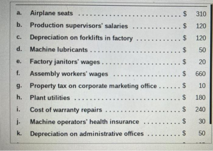 A Airplane Seats B Production Supervisors Salaries C Depreciation On Forklifts In Factory D Machine Lubricants 1