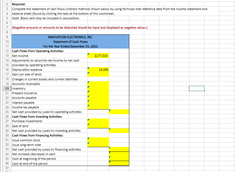 2 Required 3 Complete The Statement Of Cash Flows Indirect Method Shown Below By Using Formulas That Reference Data F 1