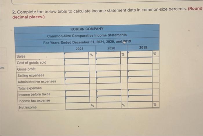 Es 2 Complete The Below Table To Calculate Income Statement Data In Common Size Percents Round Decimal Places Korbi 1