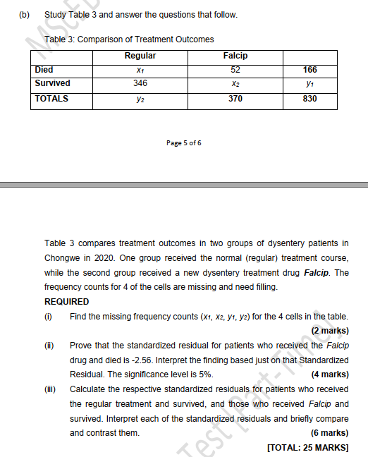 B Study Table 3 And Answer The Questions That Follow Feb Table 3 Comparison Of Treatment Outcomes Regular Died X1 Su 1