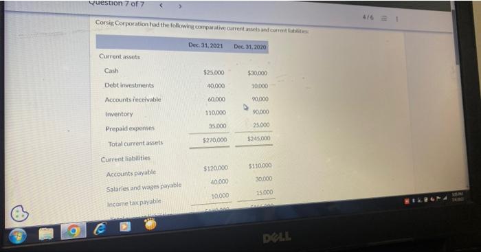 O Question 7 Of 7 Corsig Corporation Had The Following Comparative Current Assets And Current Abilities Current Assets C 1