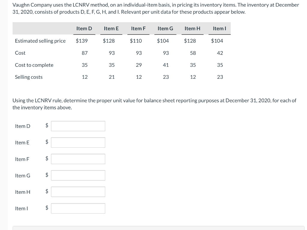 Vaughn Company Uses The Lcnrv Method On An Individual Item Basis In Pricing Its Inventory Items The Inventory At Dece 1