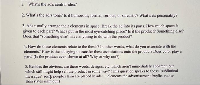1 What S The Ad S Central Idea 2 What S The Ad S Tone Is It Humorous Formal Serious Or Sarcastic What S Its Pers 1