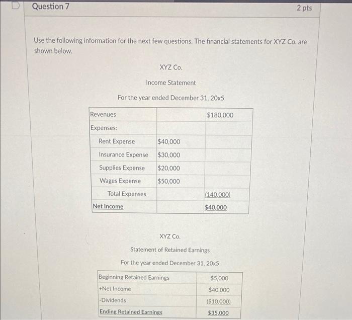 Question 7 Use The Following Information For The Next Few Questions The Financial Statements For Xyz Co Are Shown Belo 1