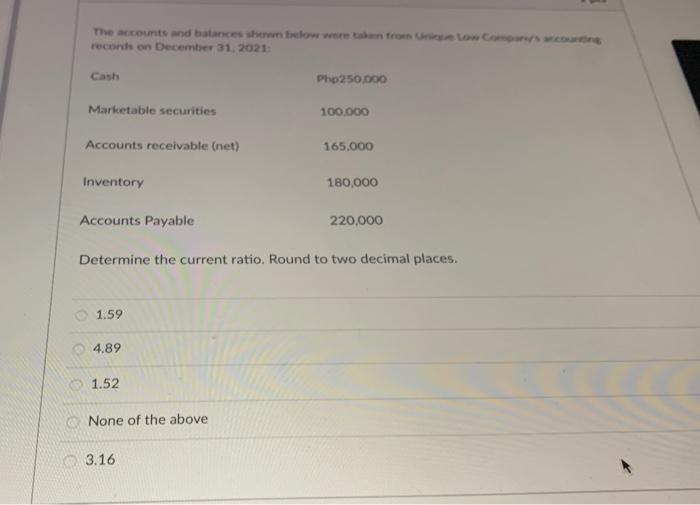 The Accounts And Balances Shown Below Were Taken From Unique Low Company S Accounting Records On December 31 2021 Cash 1