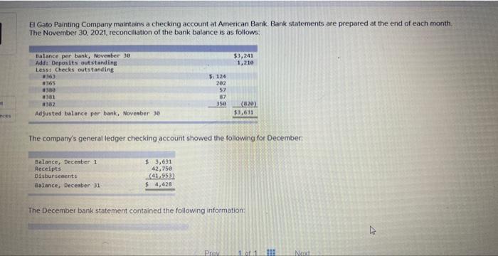 M Inces El Gato Painting Company Maintains A Checking Account At American Bank Bank Statements Are Prepared At The End 1