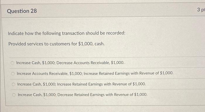 Question 28 Indicate How The Following Transaction Should Be Recorded Provided Services To Customers For 1 000 Cash 1