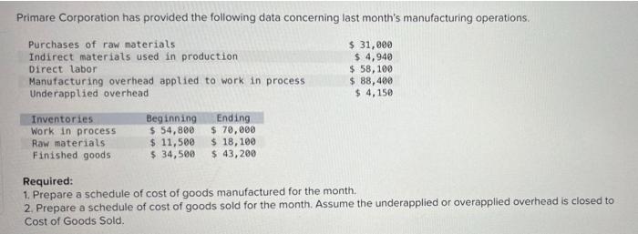 Primare Corporation Has Provided The Following Data Concerning Last Month S Manufacturing Operations Purchases Of Raw M 2