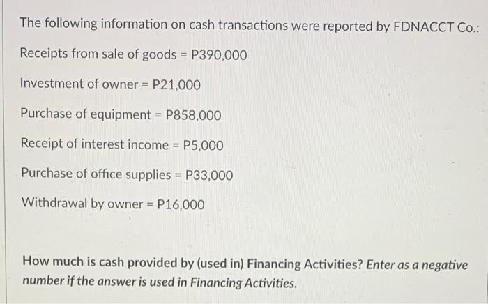 The Following Information On Cash Transactions Were Reported By Fdnacct Co Receipts From Sale Of Goods P390 000 Inve 1