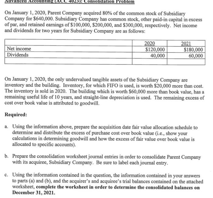 4023 Consolidation Problem On January 1 2020 Parent Company Acquired 80 Of The Common Stock Of Subsidiary Company F 1