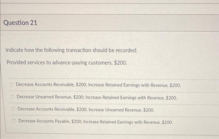 Question 21 Indicate How The Following Transaction Should Be Recorded Provided Services To Advance Paying Customers 2 1