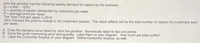 John The Plumber Has The Following Weekly Demand For Repairs By His Business Q 2 000 10 P Q Quantity Of Repairs Deman 1