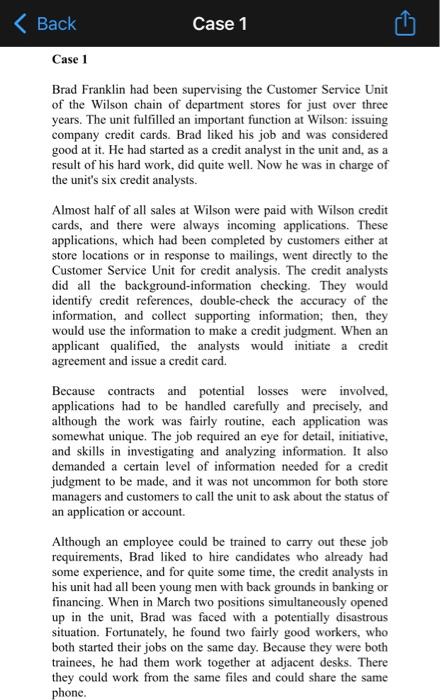 Back Case 1 Case 1 Brad Franklin Had Been Supervising The Customer Service Unit Of The Wilson Chain Of Department Stores 1