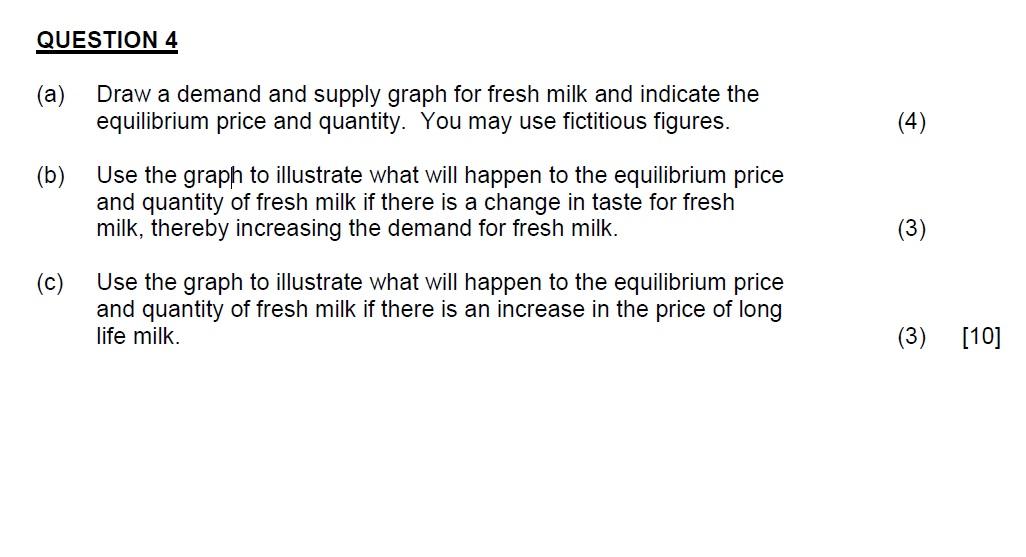 Question 4 Draw A Demand And Supply Graph For Fresh Milk And Indicate The Equilibrium Price And Quantity You May Use Fi 1