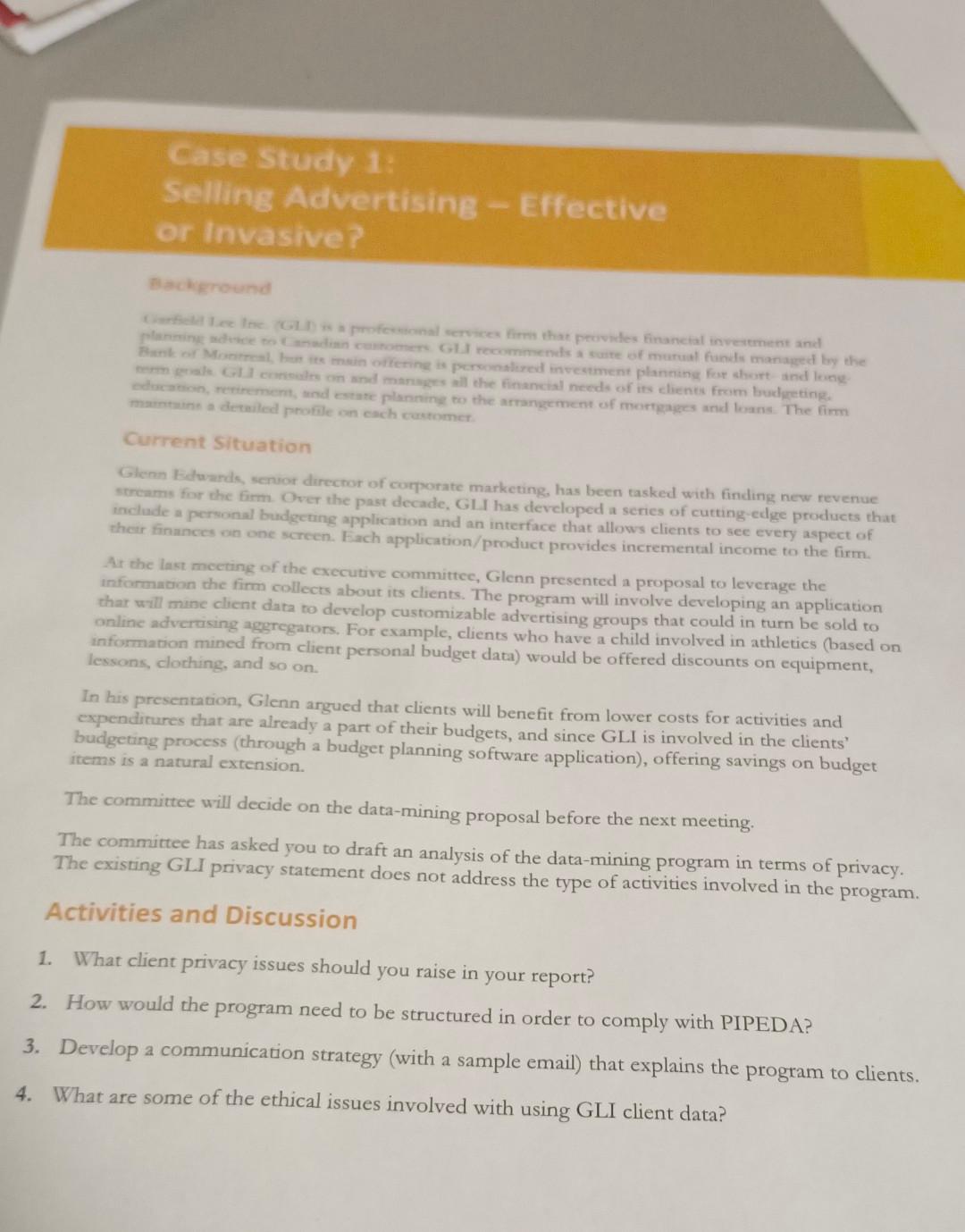 Case Study 1 Selling Advertising Effective Or Invasive Background Garfield Lee Inc Gli Is A Professional Services 1