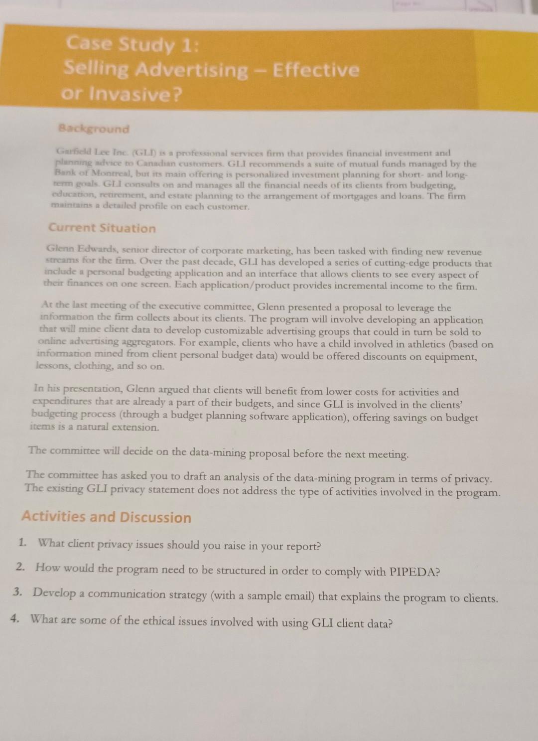 Case Study 1 Selling Advertising Effective Or Invasive Background Garfield Lee Inc Gli Is A Professional Services 1
