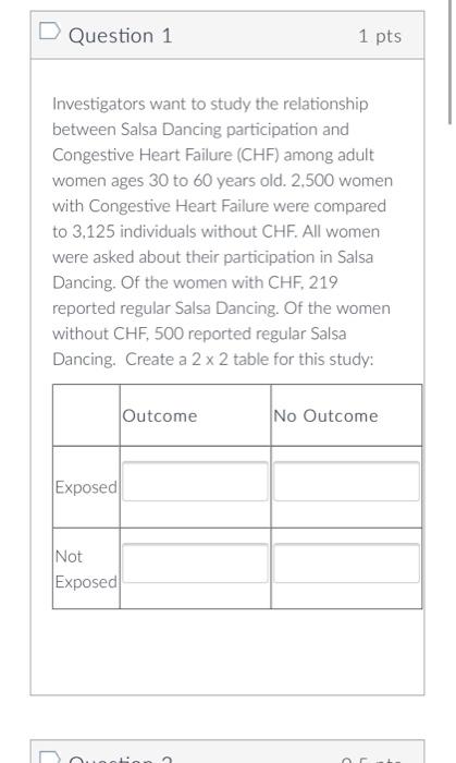 Question 1 1 Pts Investigators Want To Study The Relationship Between Salsa Dancing Participation And Congestive Heart F 1