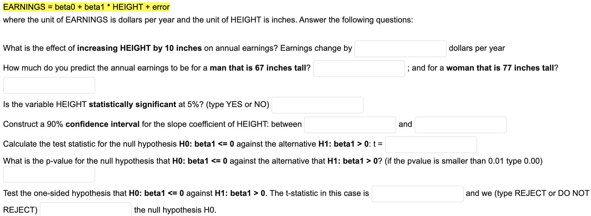 Earnings Beta0 Beta1 Height Error Where The Unit Of Earnings Is Dollars Per Year And The Unit Of Height Is Inche 1