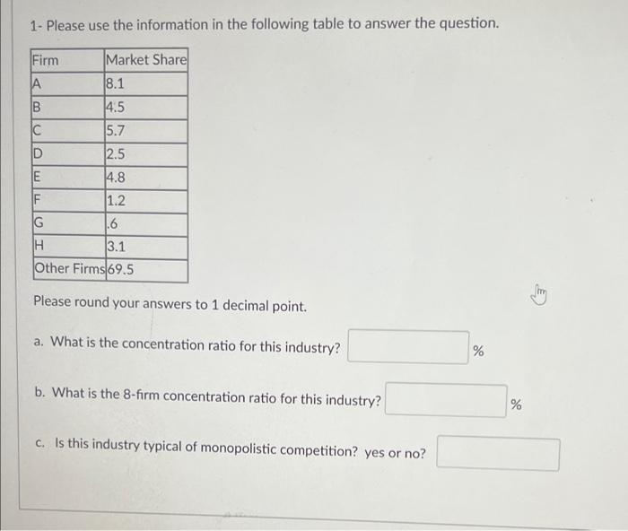 1 Please Use The Information In The Following Table To Answer The Question Market Share 8 1 4 5 5 7 2 5 4 8 1 2 6 3 1 1