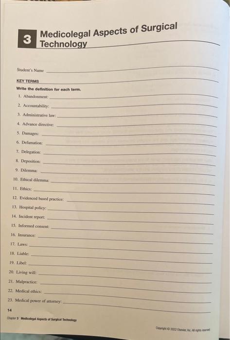 3 Medicolegal Aspects Of Surgical Technology Student S Name Key Terms Write The Definition For Each Term 1 Abandonment 1