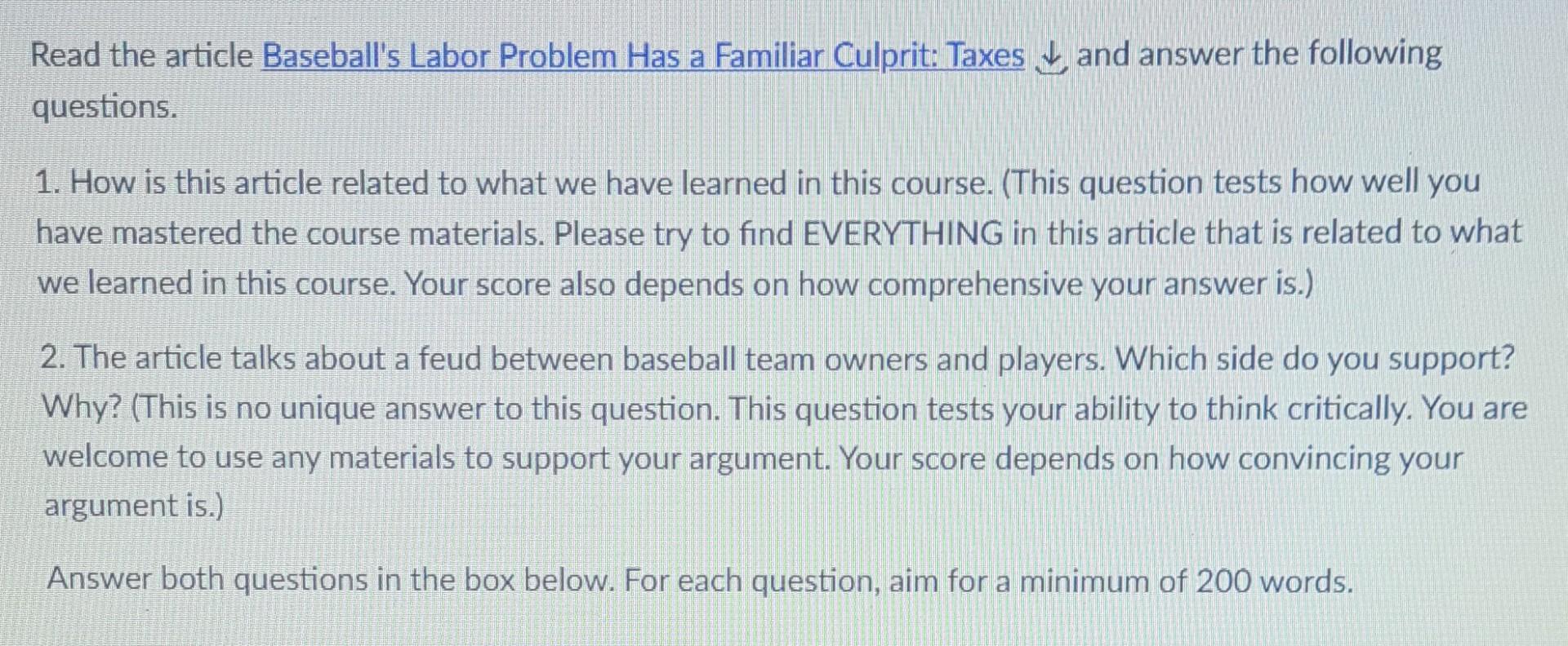 Read The Article Baseball S Labor Problem Has A Familiar Culprit Taxes And Answer The Following Questions 1 How Is Th 1