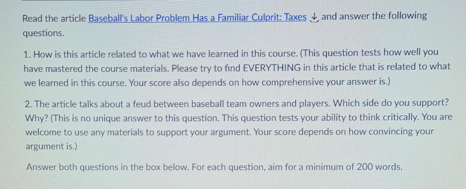 Read The Article Baseball S Labor Problem Has A Familiar Culprit Taxes And Answer The Following Questions 1 How Is Th 1