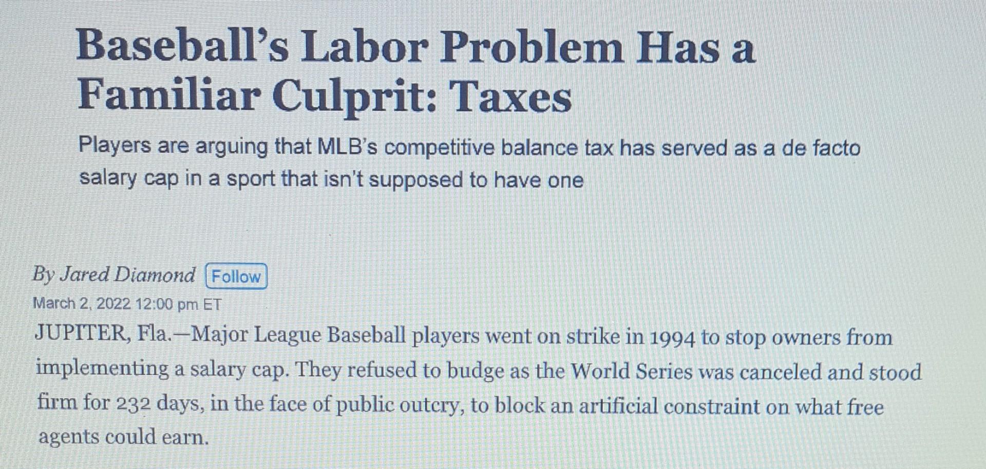 Read The Article Baseball S Labor Problem Has A Familiar Culprit Taxes And Answer The Following Questions 1 How Is Th 2