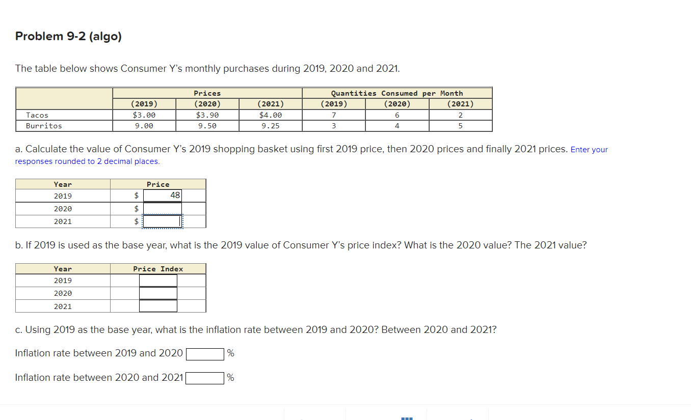 Problem 9 2 Algo The Table Below Shows Consumer Y S Monthly Purchases During 2019 2020 And 2021 Tacos Burritos Year 1