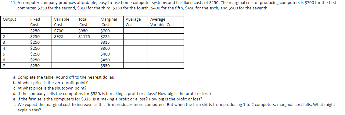Output 1 2 3 4 11 A Computer Company Produces Affordable Easy To Use Home Computer Systems And Has Fixed Costs Of 250 1