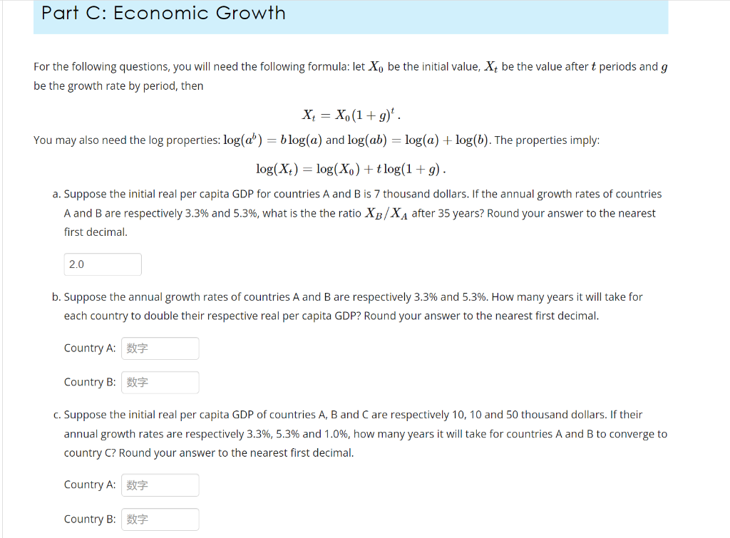 Part C Economic Growth For The Following Questions You Will Need The Following Formula Let Xo Be The Initial Value X 1