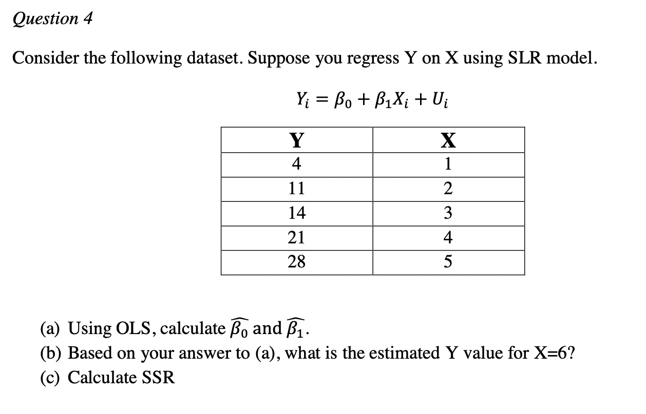 Question 4 Consider The Following Dataset Suppose You Regress Y On X Using Slr Model Yi Bo B1xi Ui Y 4 11 14 21 2 1