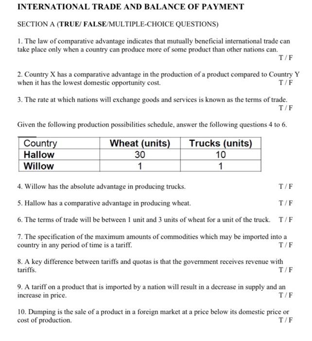 International Trade And Balance Of Payment Section A True False Multiple Choice Questions 1 The Law Of Comparative A 1