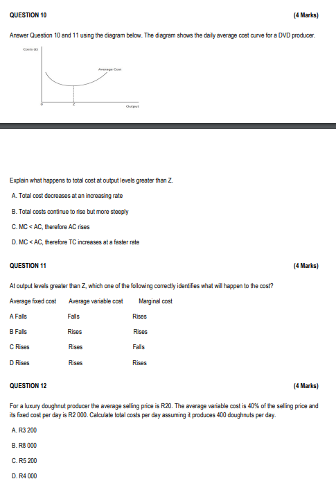 Question 10 Answer Question 10 And 11 Using The Diagram Below The Diagram Shows The Daily Average Cost Curve For A Dvd 1