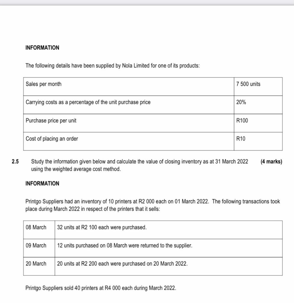 Question 2 Answer The Questions From The Information Provided 2 1 Use The Information Provided Below To Calculate The N 2