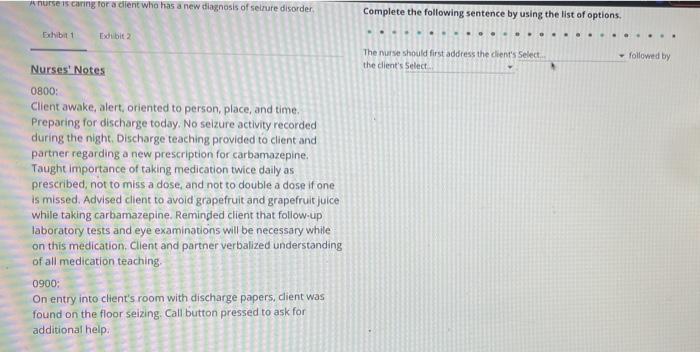 Anurse Is Caring For A Dient Who Has A New Diagnosis Of Selure Disorder Complete The Following Sentence By Using The Lis 1