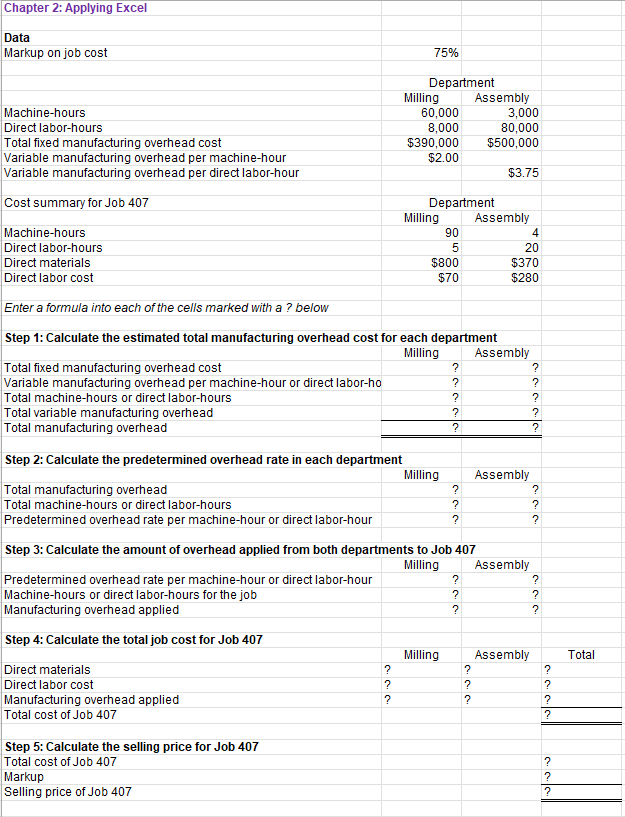Chapter 2 Applying Excel Data Markup On Job Cost Machine Hours Direct Labor Hours Total Fixed Manufacturing Overhead Co 1