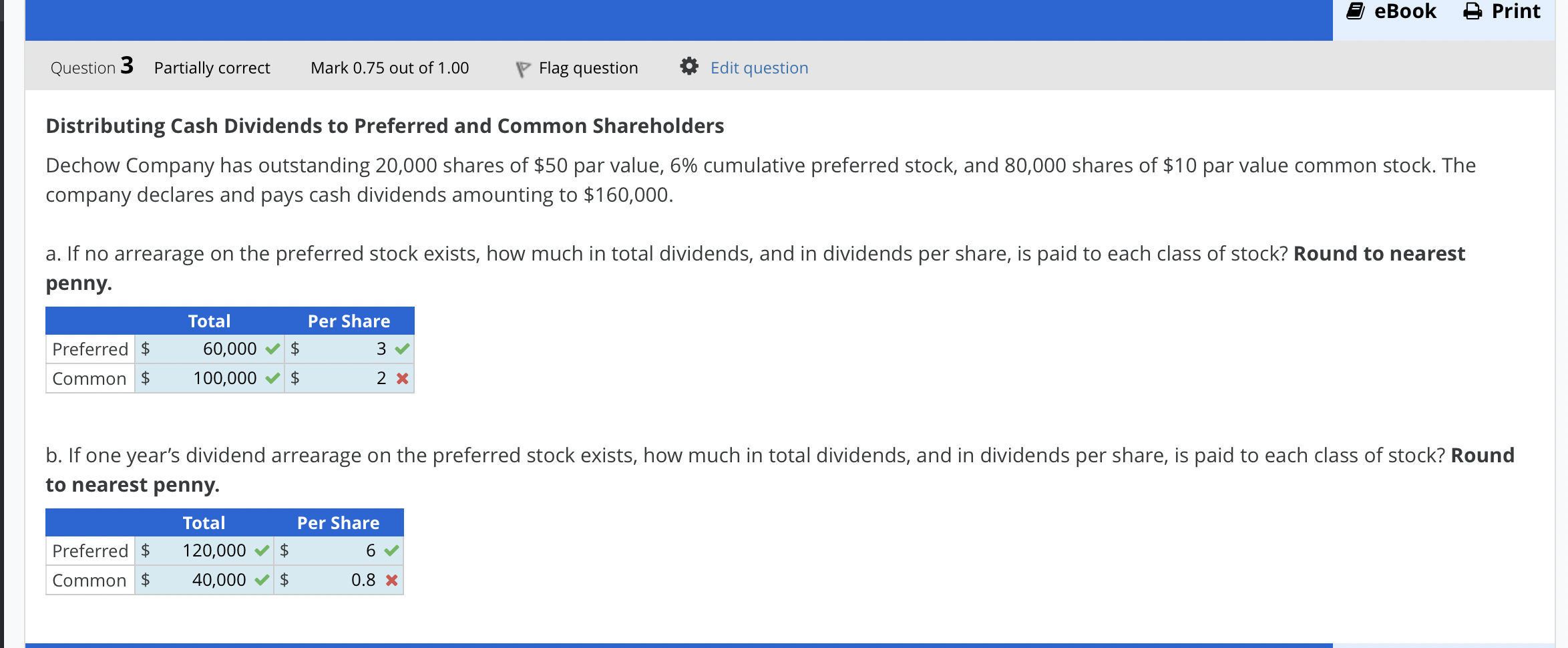 Question 3 Partially Correct Mark 0 75 Out Of 1 00 Distributing Cash Dividends To Preferred And Common Shareholders Dech 1