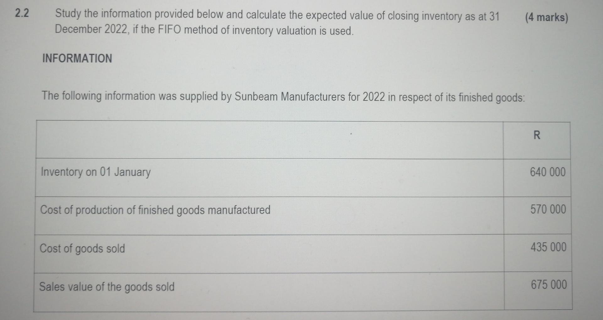 2 2 Study The Information Provided Below And Calculate The Expected Value Of Closing Inventory As At 31 December 2022 I 1