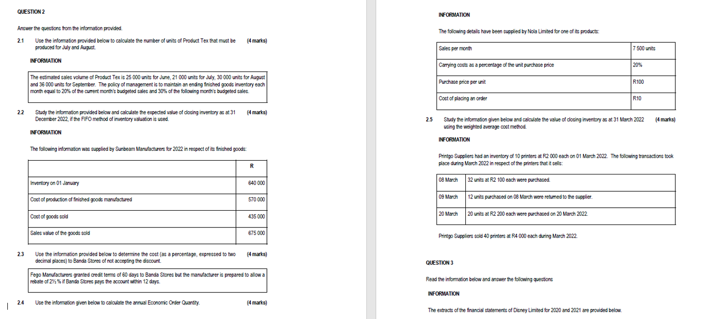 1 Question 2 Answer The Questions From The Information Provided 2 1 Use The Information Provided Below To Calculate The 1