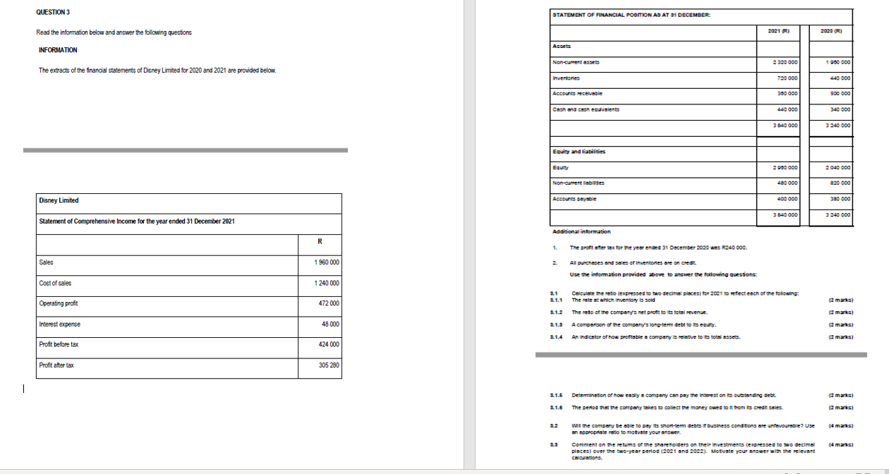 Question 3 Read The Information Below And Answer The Following Questions Information The Extracts Of The Financial Sta 1