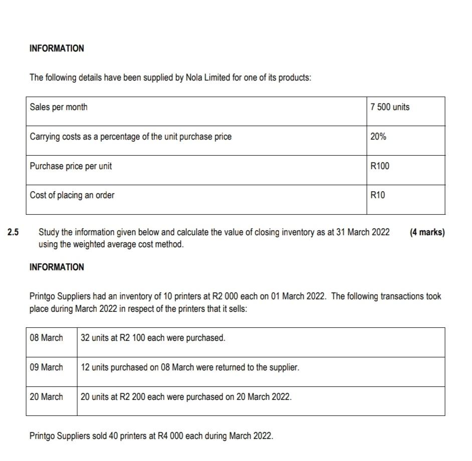 Question 2 Answer The Questions From The Information Provided 2 1 Use The Information Provided Below To Calculate The N 2