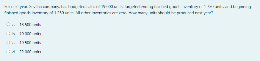 For Next Year Sevilha Company Has Budgeted Sales Of 19 000 Units Targeted Ending Finished Goods Inventory Of 1 750 Un 1