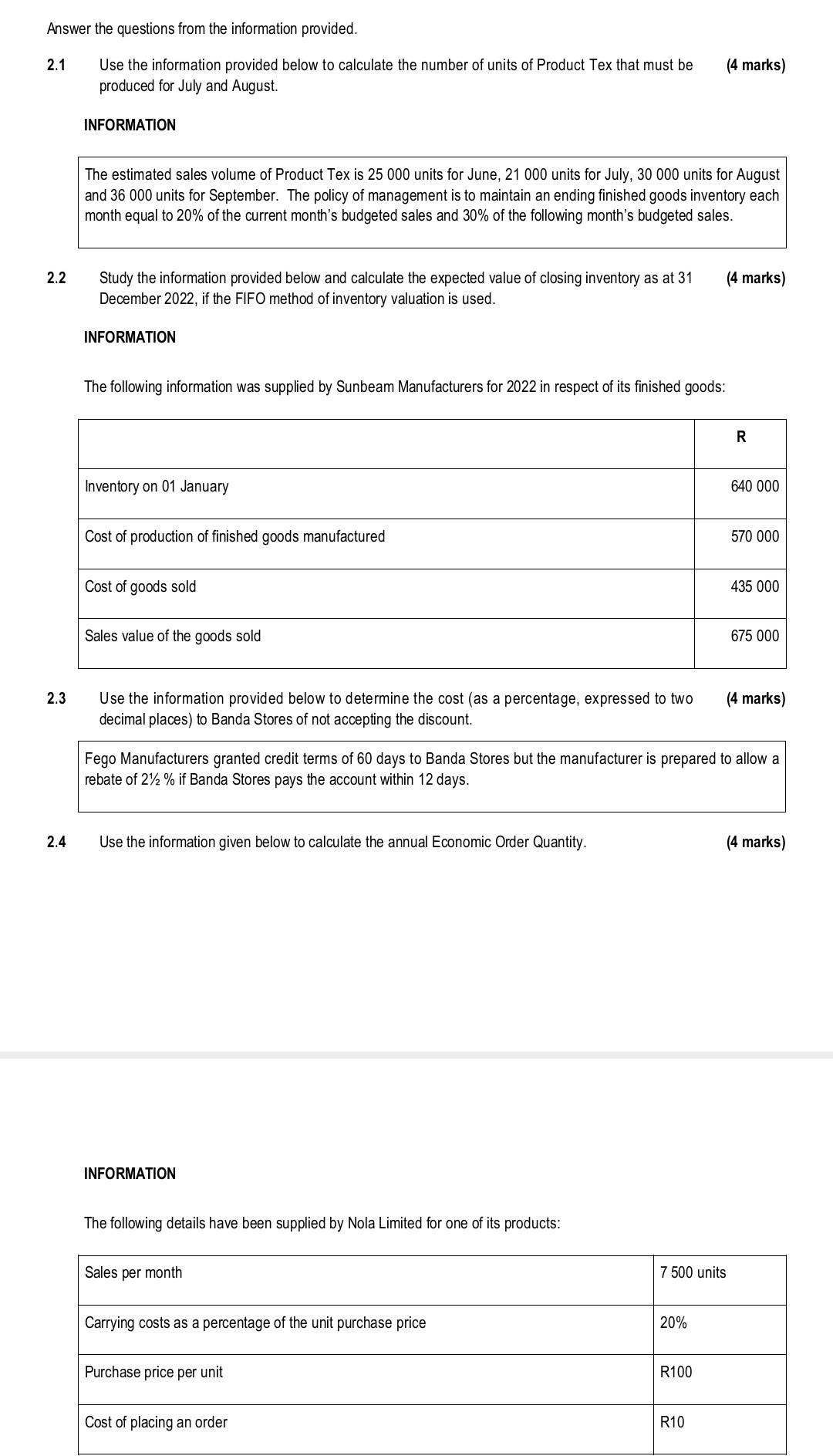 Answer The Questions From The Information Provided 2 1 Use The Information Provided Below To Calculate The Number Of Un 1
